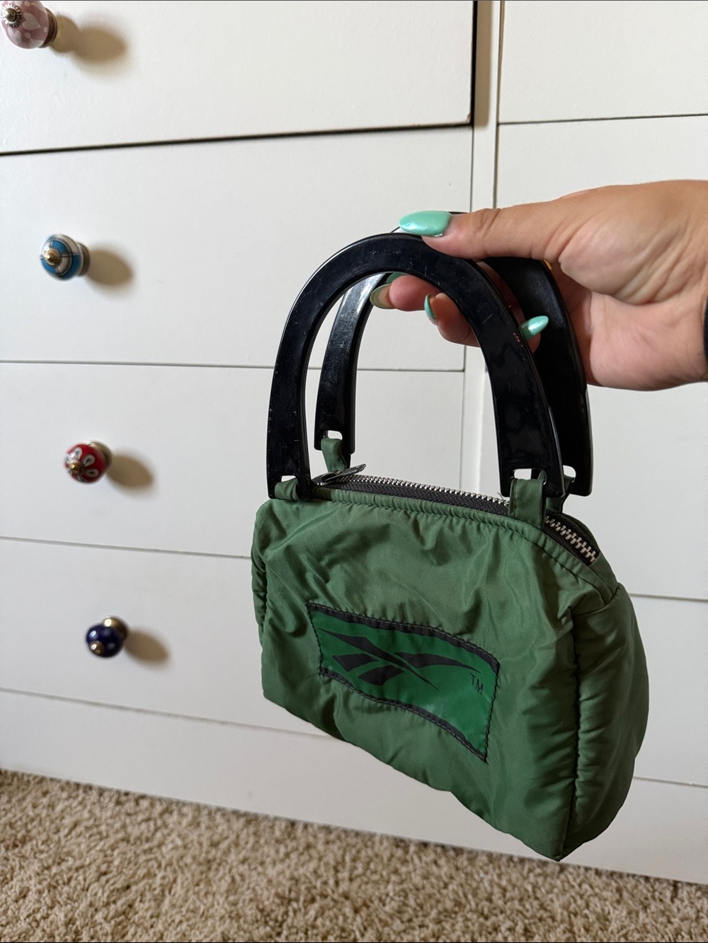 Custom made Reebok Green Quilted Handbag with Black Handles